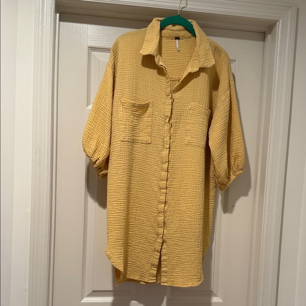 Women's Mustard Button-Down Shirt - Casual Textured Tunic